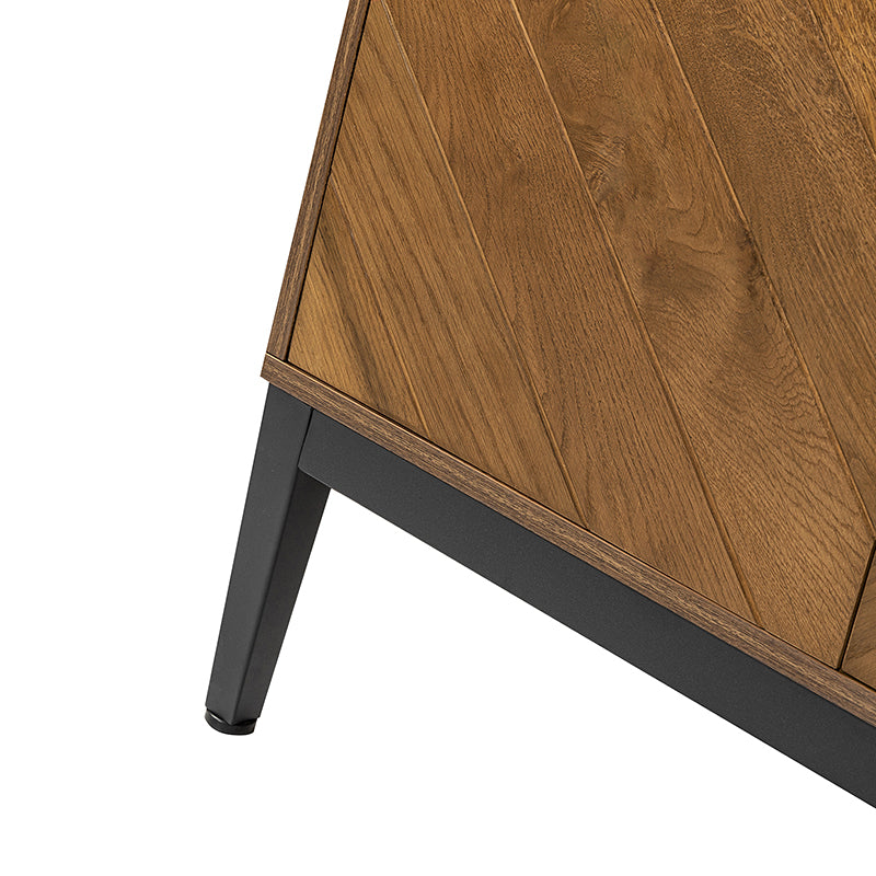 Meuble d'appoint 2 portes à chevrons de 81 cm avec étagères réglables et pieds en métal noir | Noyer | Unité