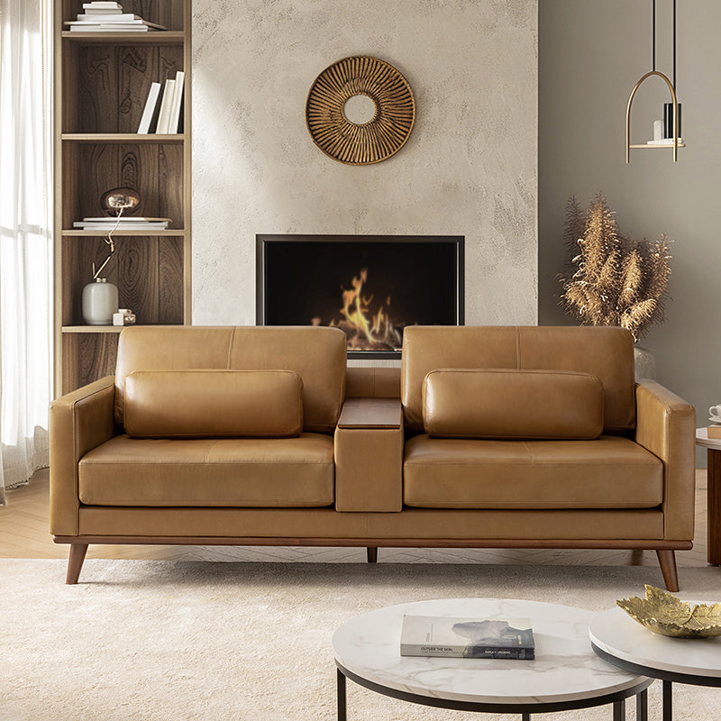 Canapé en cuir véritable avec appui-tête amovible, pouf de rangement mobile, ports USB intégrés et pieds en bois d'hévéa | Camel / Noir | 2 places