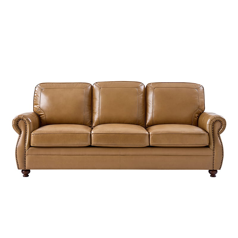 Canapé 3 places en cuir véritable avec accoudoirs roulés, clous décoratifs en cuivre, rembourrage en mousse et pieds en bois d'hévéa tournés | Couleur : Camel / Marine / Noir
