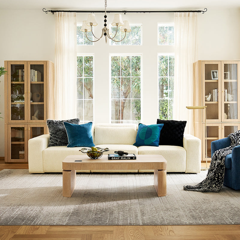 Canapé inclinable électrique en chenille avec 3 fauteuils inclinables électriques indépendants, appuie-têtes réglables et profondeur d'assise extensible | Ivoire / Gris | 3 places