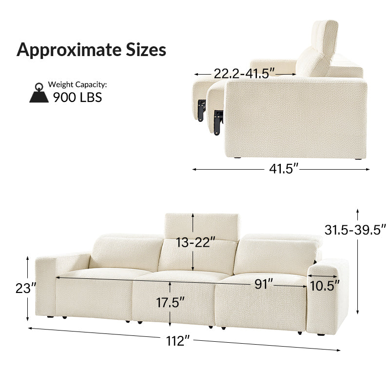 Canapé inclinable électrique en chenille avec 3 fauteuils inclinables électriques indépendants, appuie-têtes réglables et profondeur d'assise extensible | Ivoire / Gris | 3 places