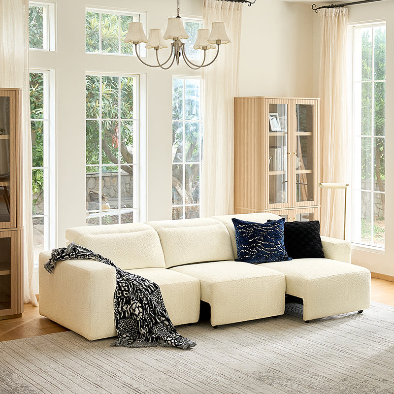 Canapé inclinable électrique en chenille avec 3 fauteuils inclinables électriques indépendants, appuie-têtes réglables et profondeur d'assise extensible | Ivoire / Gris | 3 places
