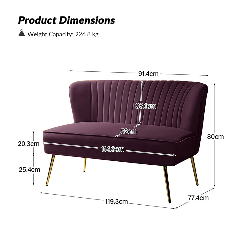 Causeuse capitonnée en velours avec dossier incurvé, rembourrage en mousse et pieds coniques en métal doré | Moutarde / Rose / Sauge / Violet / Bleu marine / Vert / Fuchsia / Havane / Orange / Noir / Sarcelle / Ivoire | 2 places