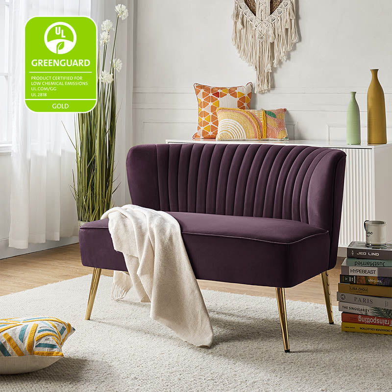 Causeuse capitonnée en velours avec dossier incurvé, rembourrage en mousse et pieds coniques en métal doré | Moutarde / Rose / Sauge / Violet / Bleu marine / Vert / Fuchsia / Havane / Orange / Noir / Sarcelle / Ivoire | 2 places