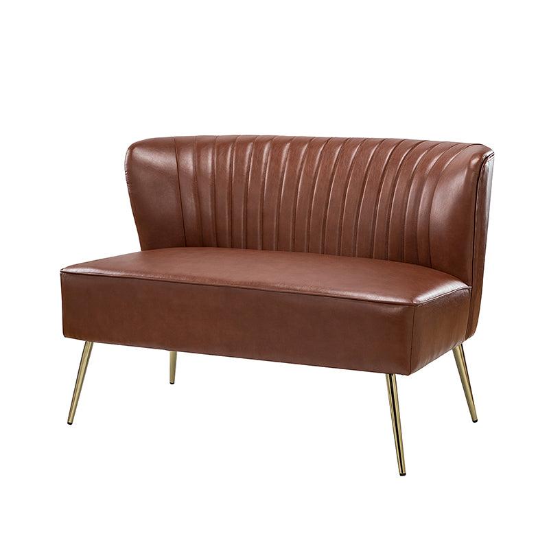 Causeuse à dossier capitonné en similicuir végétalien avec rembourrage en mousse et ressorts, sans accoudoirs et pieds en métal doré | Noir / Camel / Marron / Turquoise | 2 places