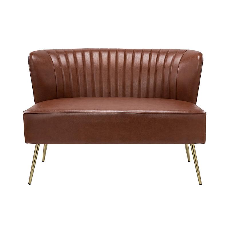 Causeuse à dossier capitonné en similicuir végétalien avec rembourrage en mousse et ressorts, sans accoudoirs et pieds en métal doré | Noir / Camel / Marron / Turquoise | 2 places