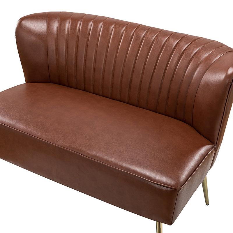 Causeuse à dossier capitonné en similicuir végétalien avec rembourrage en mousse et ressorts, sans accoudoirs et pieds en métal doré | Noir / Camel / Marron / Turquoise | 2 places