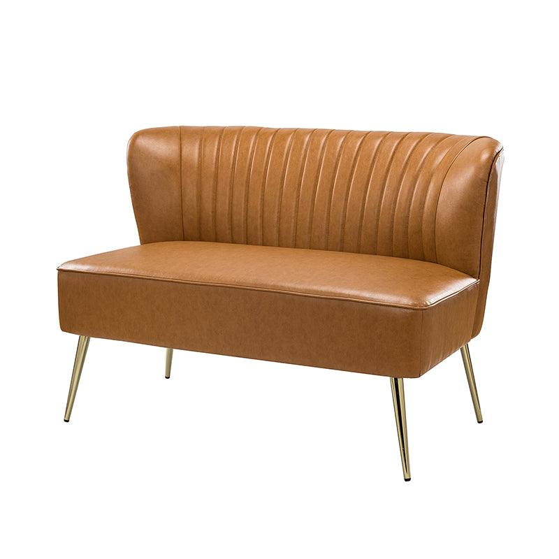 Causeuse à dossier capitonné en similicuir végétalien avec rembourrage en mousse et ressorts, sans accoudoirs et pieds en métal doré | Noir / Camel / Marron / Turquoise | 2 places