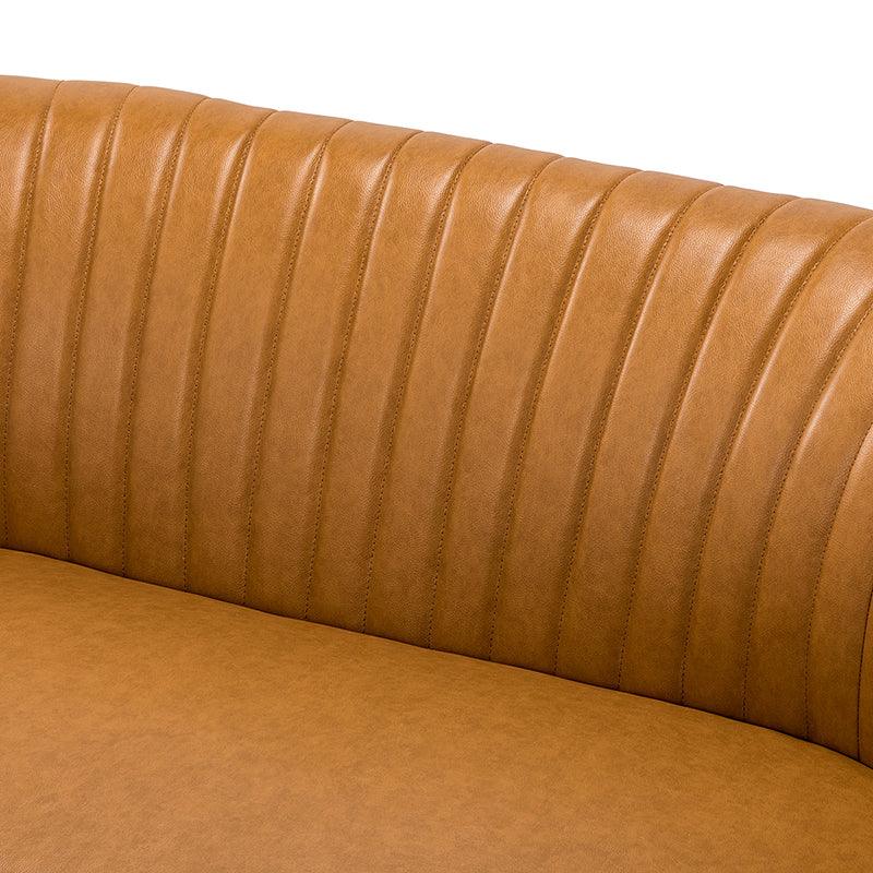 Causeuse à dossier capitonné en similicuir végétalien avec rembourrage en mousse et ressorts, sans accoudoirs et pieds en métal doré | Noir / Camel / Marron / Turquoise | 2 places