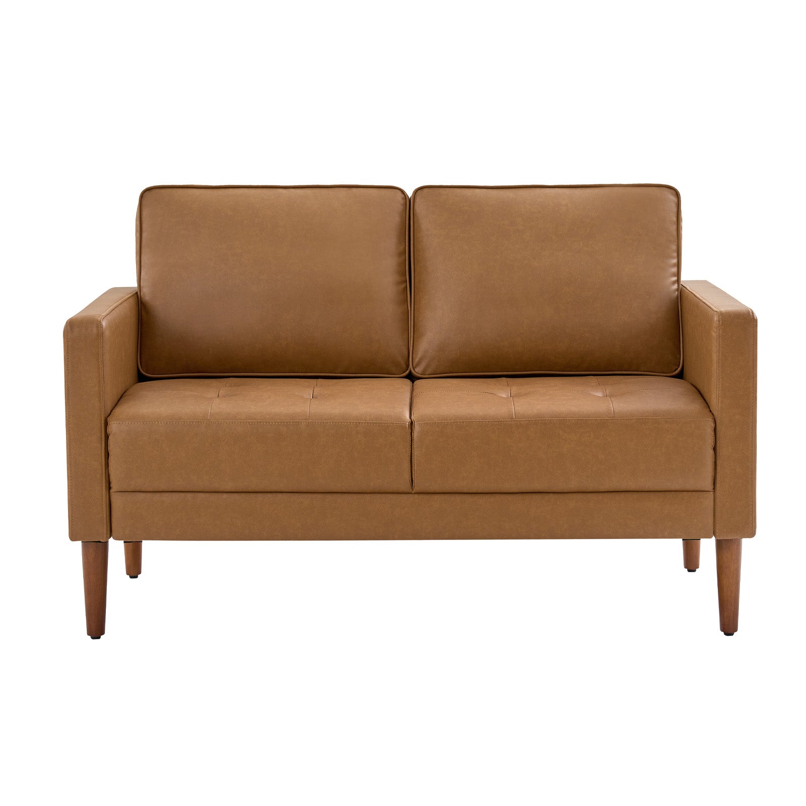 Causeuse en PVC avec assise capitonnée, coussins de dossier mobiles, garniture cloutée et pieds en bois de noyer massif | Camel / Noir / Marron | 2 places