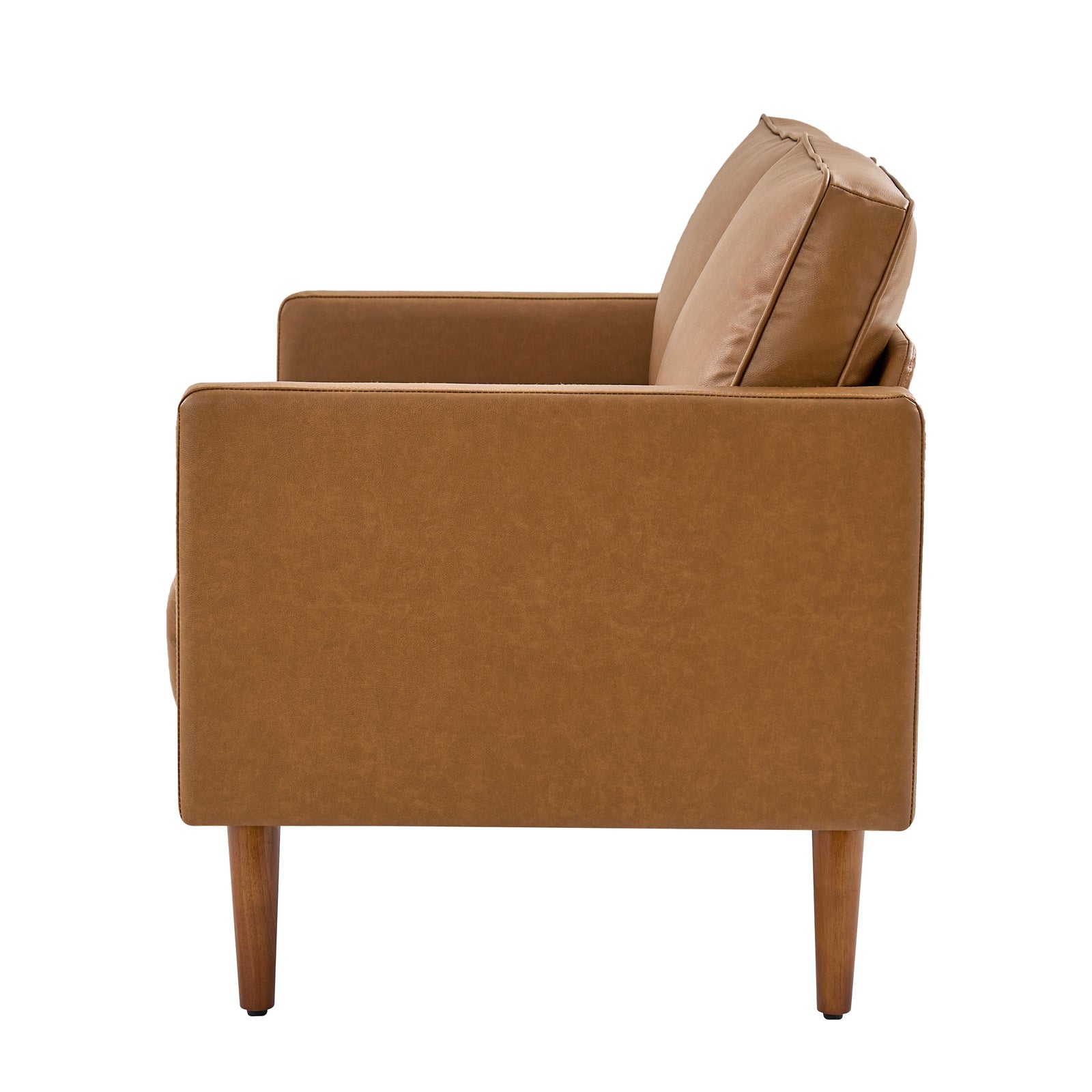 Causeuse en PVC avec assise capitonnée, coussins de dossier mobiles, garniture cloutée et pieds en bois de noyer massif | Camel / Noir / Marron | 2 places