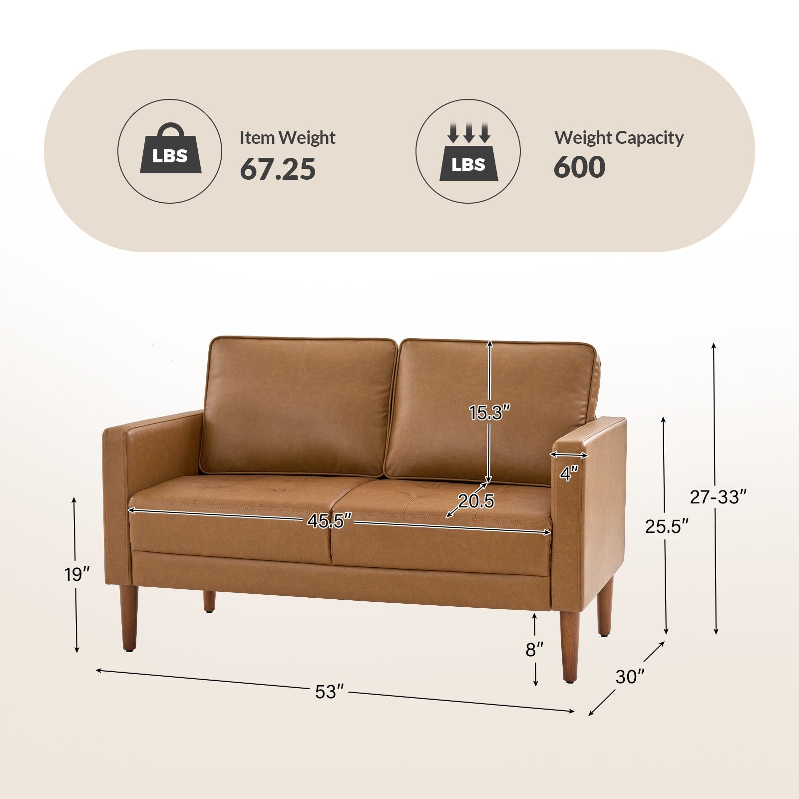 Causeuse en PVC avec assise capitonnée, coussins de dossier mobiles, garniture cloutée et pieds en bois de noyer massif | Camel / Noir / Marron | 2 places