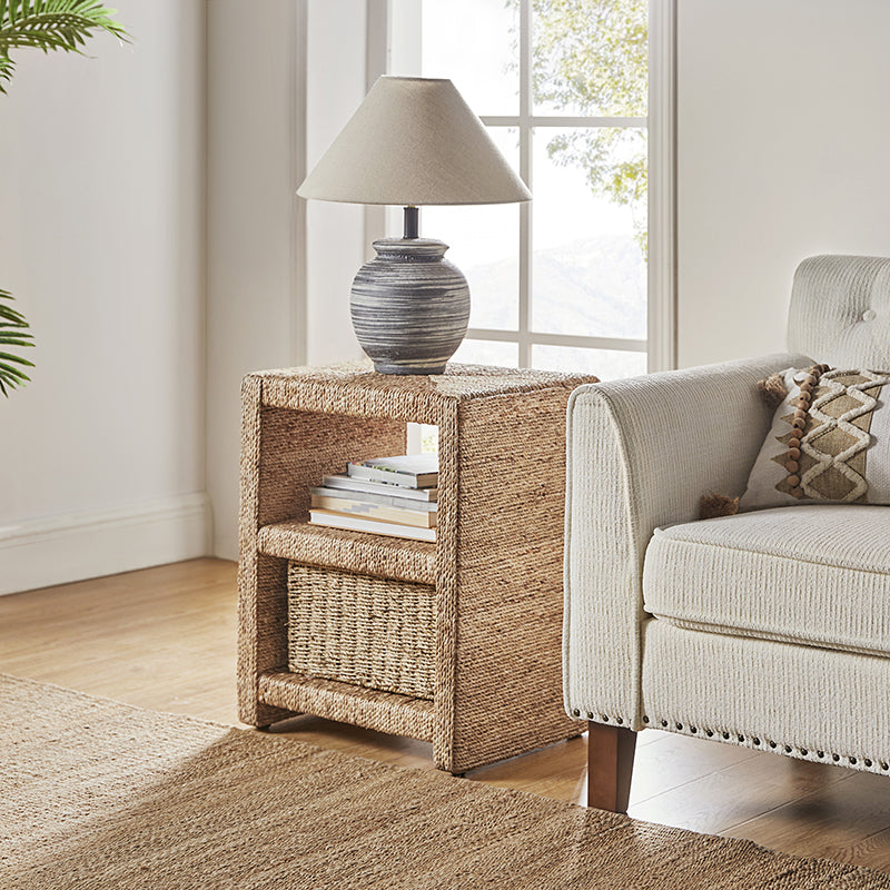 Table d'appoint en rotin avec 2 étagères ouvertes et dos fini | Naturel | Simple
