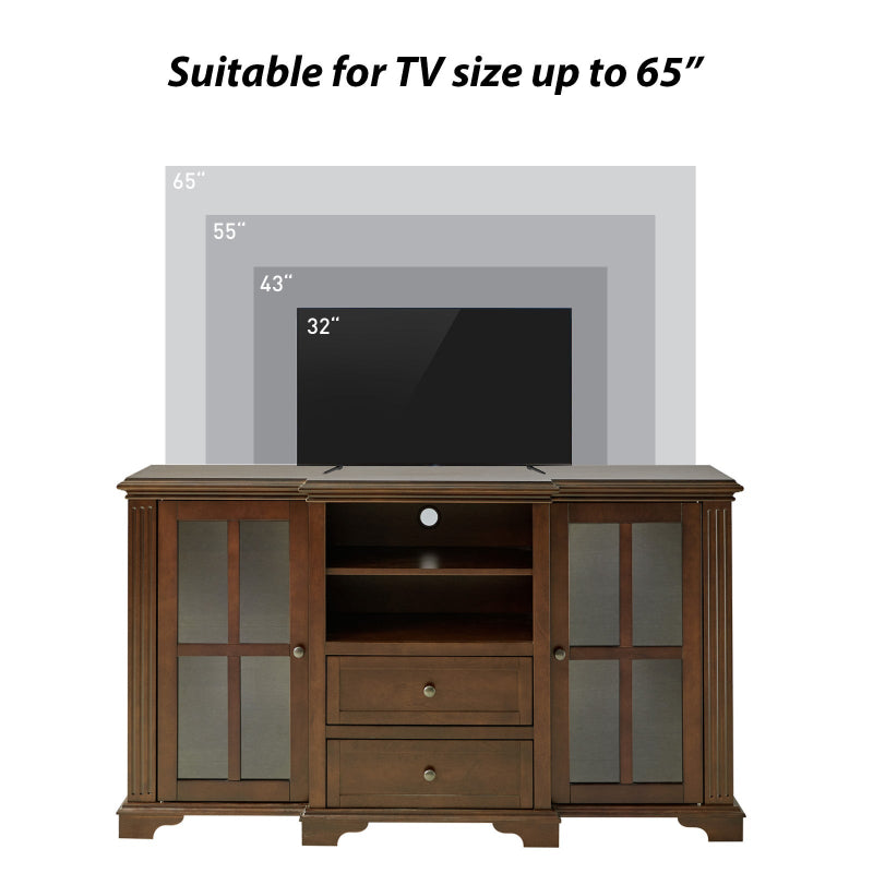 Meuble TV pour téléviseurs jusqu'à 65 pouces avec placards vitrés, 2 tiroirs, étagères ouvertes et gestion des câbles | Chêne / Noyer | Simple