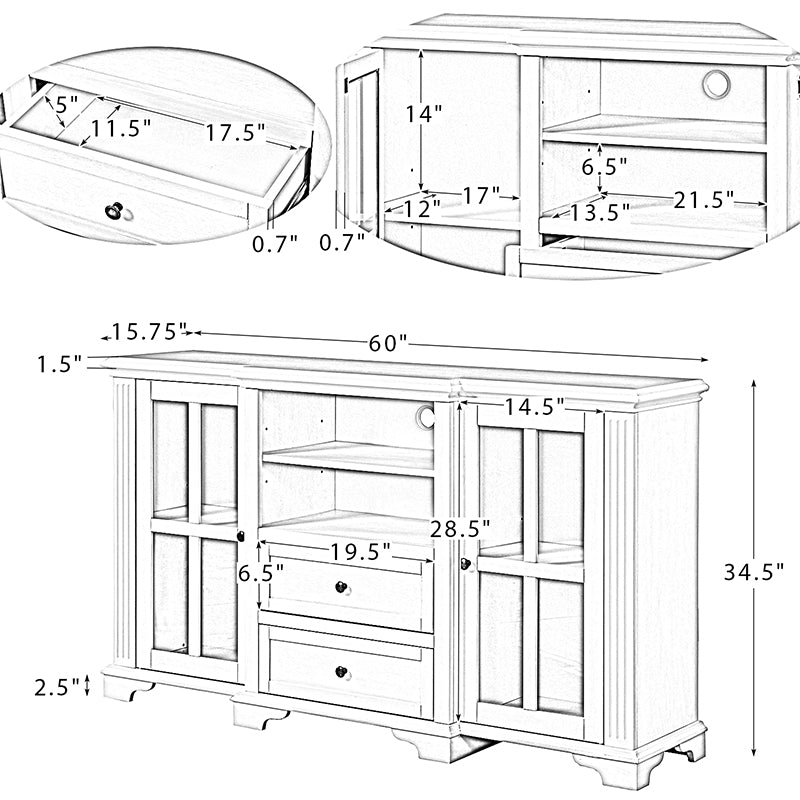 Meuble TV pour téléviseurs jusqu'à 65 pouces avec placards vitrés, 2 tiroirs, étagères ouvertes et gestion des câbles | Chêne / Noyer | Simple