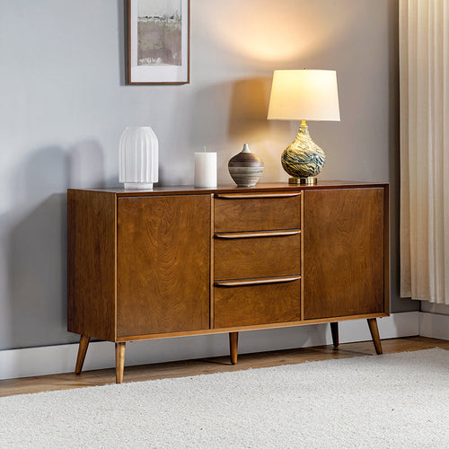 Buffet 3 tiroirs avec armoire 2 portes, étagères réglables, dos fini et pieds en bois massif | Chêne | Simple