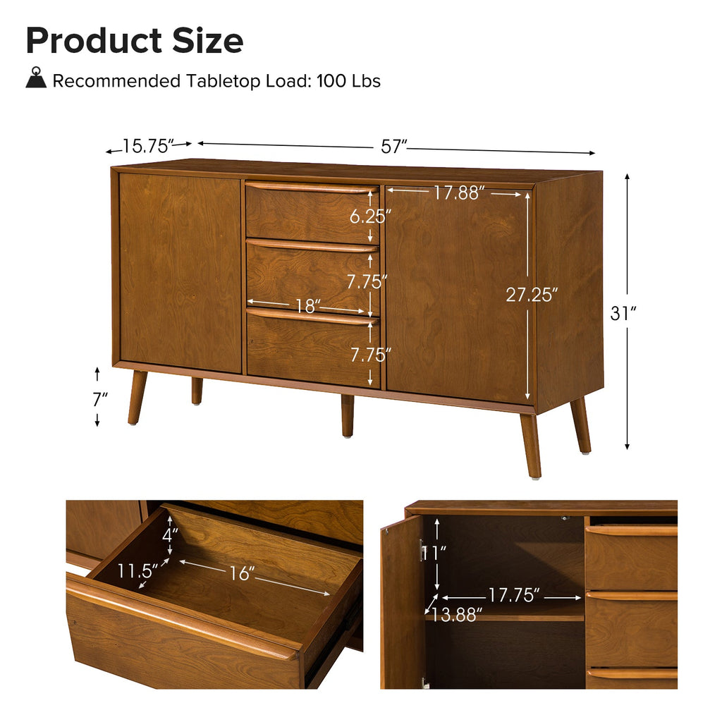 Buffet 3 tiroirs avec armoire 2 portes, étagères réglables, dos fini et pieds en bois massif | Chêne | Simple