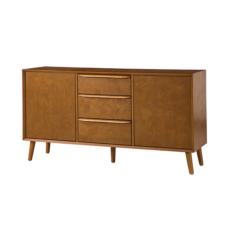 Buffet 3 tiroirs avec armoire 2 portes, étagères réglables, dos fini et pieds en bois massif | Chêne | Simple