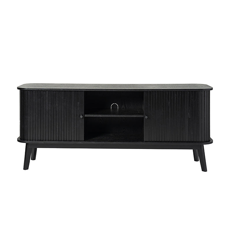 Meuble TV avec porte coulissante, étagère réglable, gestion des câbles et pieds en bois d'hévéa | Noyer / Noir | Simple