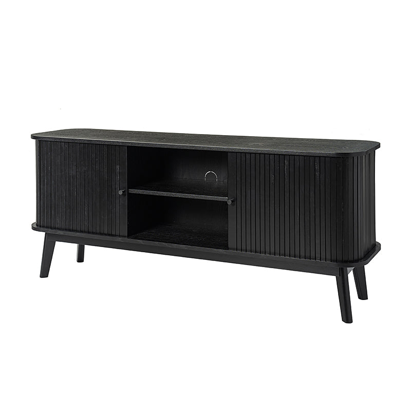 Meuble TV avec porte coulissante, étagère réglable, gestion des câbles et pieds en bois d'hévéa | Noyer / Noir | Simple