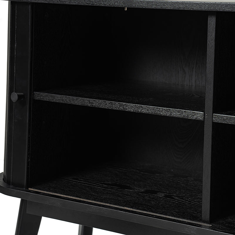 Meuble TV avec porte coulissante, étagère réglable, gestion des câbles et pieds en bois d'hévéa | Noyer / Noir | Simple