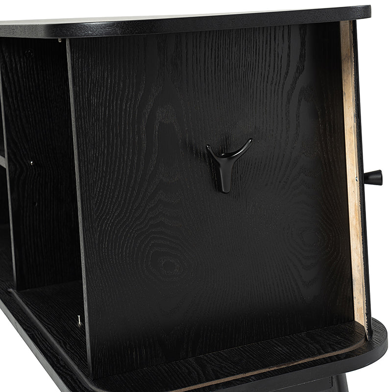 Meuble TV avec porte coulissante, étagère réglable, gestion des câbles et pieds en bois d'hévéa | Noyer / Noir | Simple
