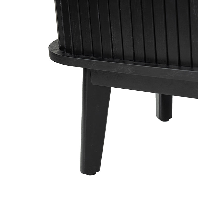Meuble TV avec porte coulissante, étagère réglable, gestion des câbles et pieds en bois d'hévéa | Noyer / Noir | Simple