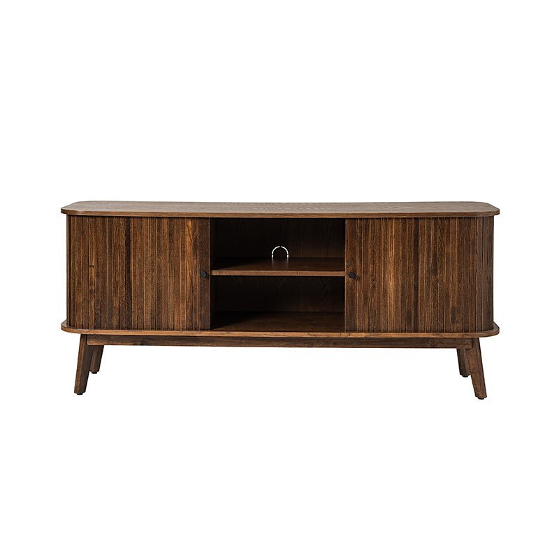 Meuble TV avec porte coulissante, étagère réglable, gestion des câbles et pieds en bois d'hévéa | Noyer / Noir | Simple