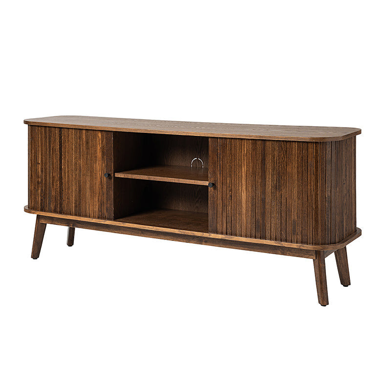 Meuble TV avec porte coulissante, étagère réglable, gestion des câbles et pieds en bois d'hévéa | Noyer / Noir | Simple