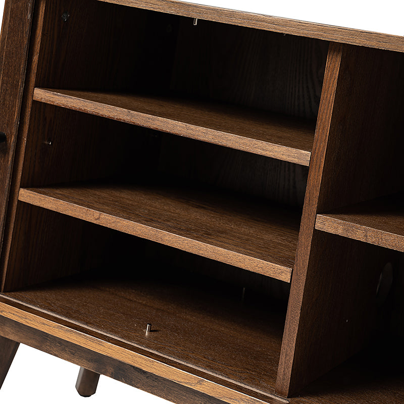 Meuble TV avec porte coulissante, étagère réglable, gestion des câbles et pieds en bois d'hévéa | Noyer / Noir | Simple