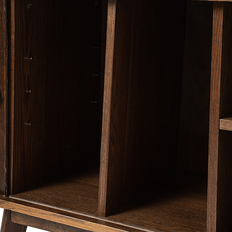Meuble TV avec porte coulissante, étagère réglable, gestion des câbles et pieds en bois d'hévéa | Noyer / Noir | Simple