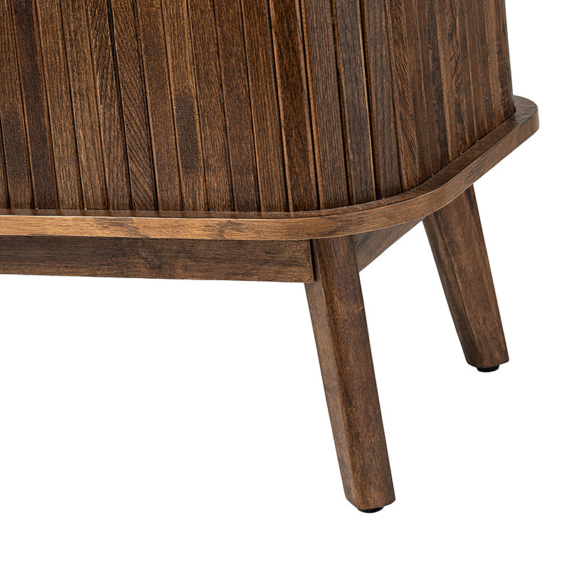 Meuble TV avec porte coulissante, étagère réglable, gestion des câbles et pieds en bois d'hévéa | Noyer / Noir | Simple