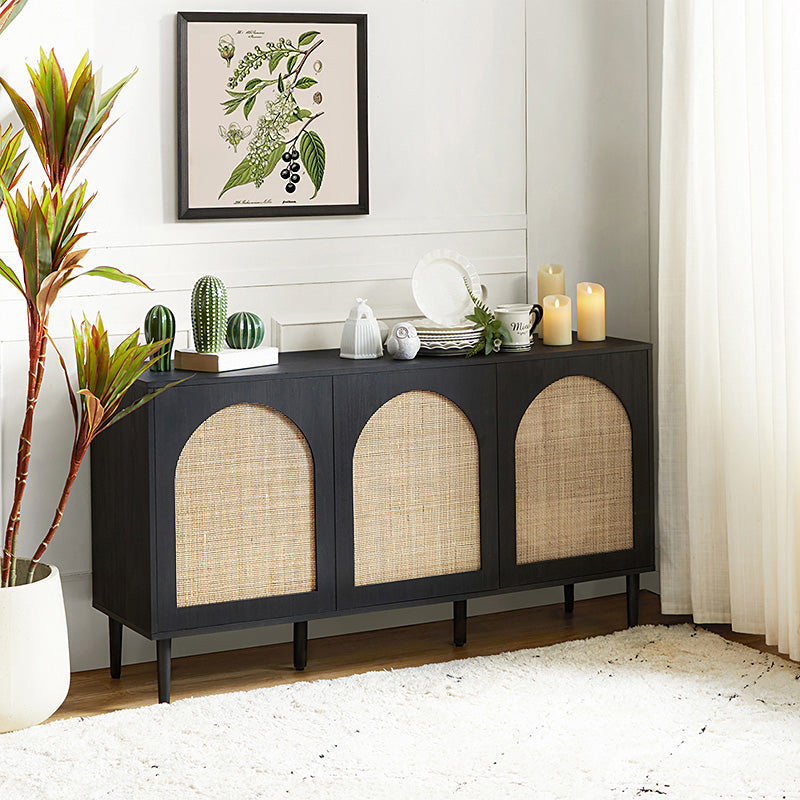 Buffet 3 portes en rotin de 142 cm avec étagères réglables et pieds en bois massif | Noir / Chêne / Noyer / Blanc | Simple