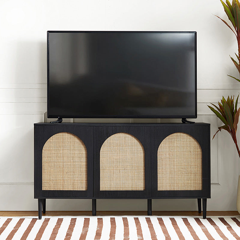 Buffet 3 portes en rotin de 142 cm avec étagères réglables et pieds en bois massif | Noir / Chêne / Noyer / Blanc | Simple