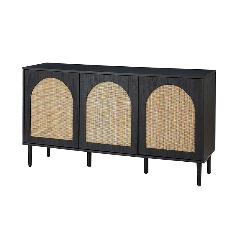 Buffet 3 portes en rotin de 142 cm avec étagères réglables et pieds en bois massif | Noir / Chêne / Noyer / Blanc | Simple