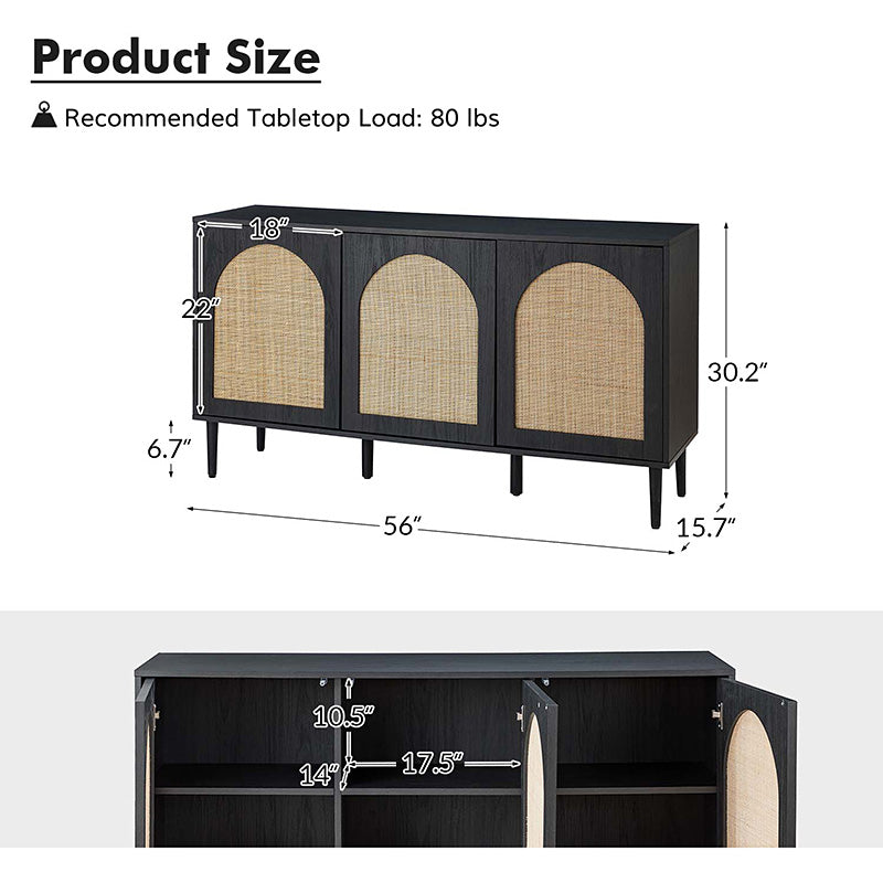 Buffet 3 portes en rotin de 142 cm avec étagères réglables et pieds en bois massif | Noir / Chêne / Noyer / Blanc | Simple