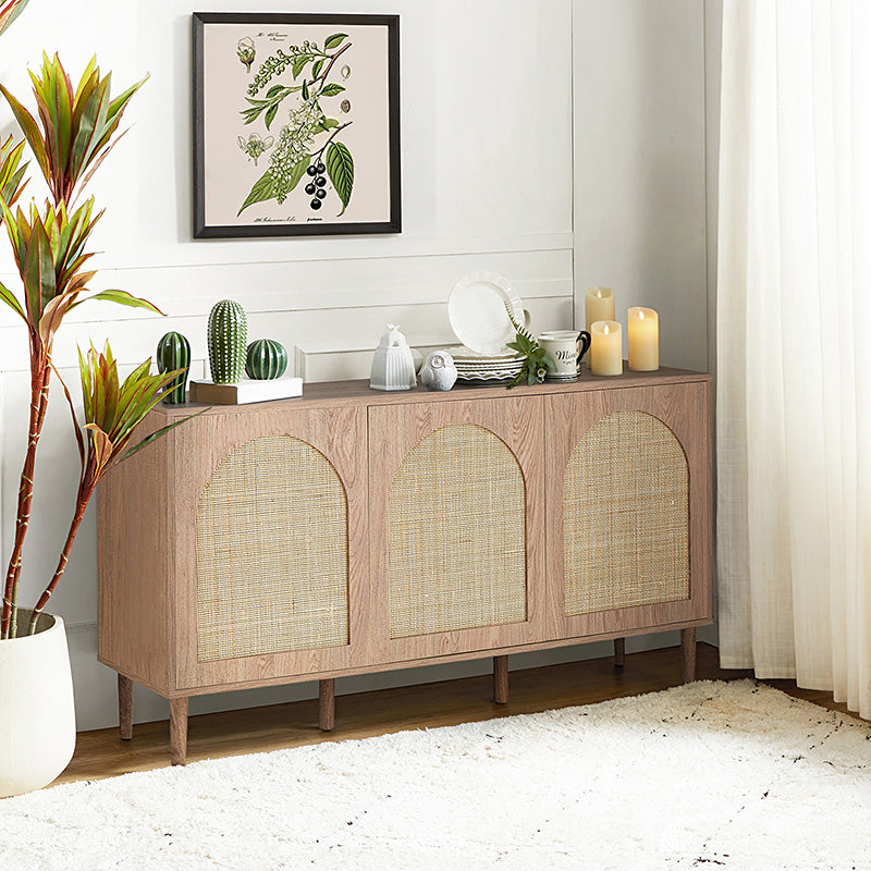 Buffet 3 portes en rotin de 142 cm avec étagères réglables et pieds en bois massif | Noir / Chêne / Noyer / Blanc | Simple