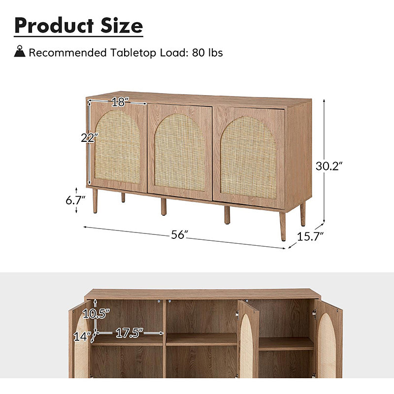 Buffet 3 portes en rotin de 142 cm avec étagères réglables et pieds en bois massif | Noir / Chêne / Noyer / Blanc | Simple