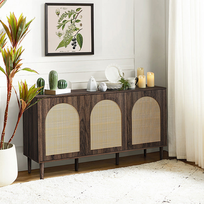 Buffet 3 portes en rotin de 142 cm avec étagères réglables et pieds en bois massif | Noir / Chêne / Noyer / Blanc | Simple