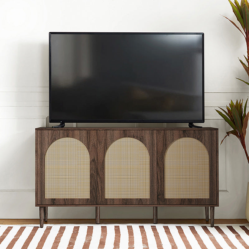 Buffet 3 portes en rotin de 142 cm avec étagères réglables et pieds en bois massif | Noir / Chêne / Noyer / Blanc | Simple