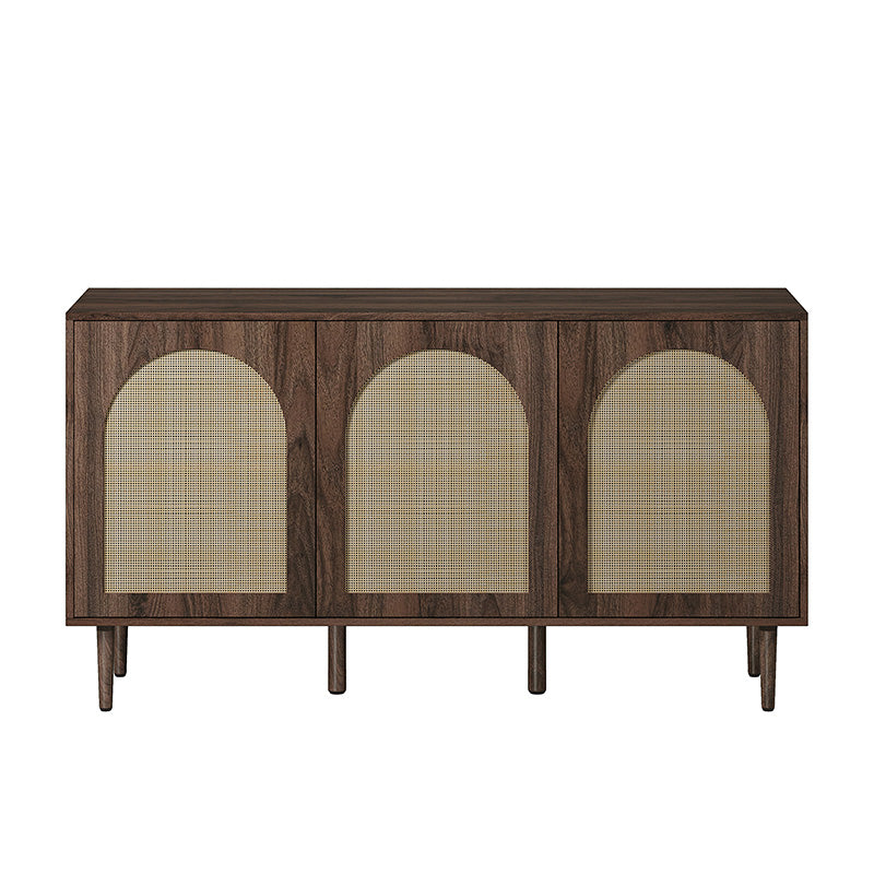 Buffet 3 portes en rotin de 142 cm avec étagères réglables et pieds en bois massif | Noir / Chêne / Noyer / Blanc | Simple
