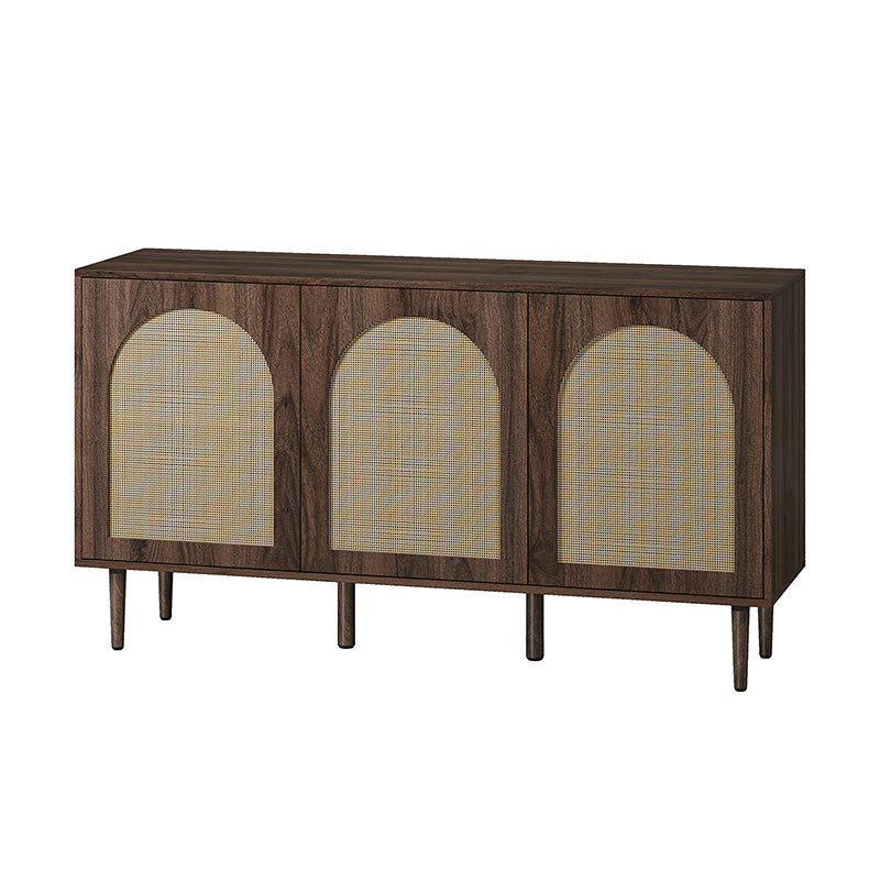 Buffet 3 portes en rotin de 142 cm avec étagères réglables et pieds en bois massif | Noir / Chêne / Noyer / Blanc | Simple