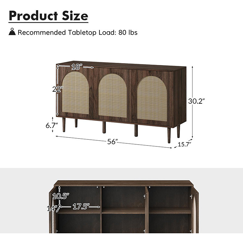 Buffet 3 portes en rotin de 142 cm avec étagères réglables et pieds en bois massif | Noir / Chêne / Noyer / Blanc | Simple