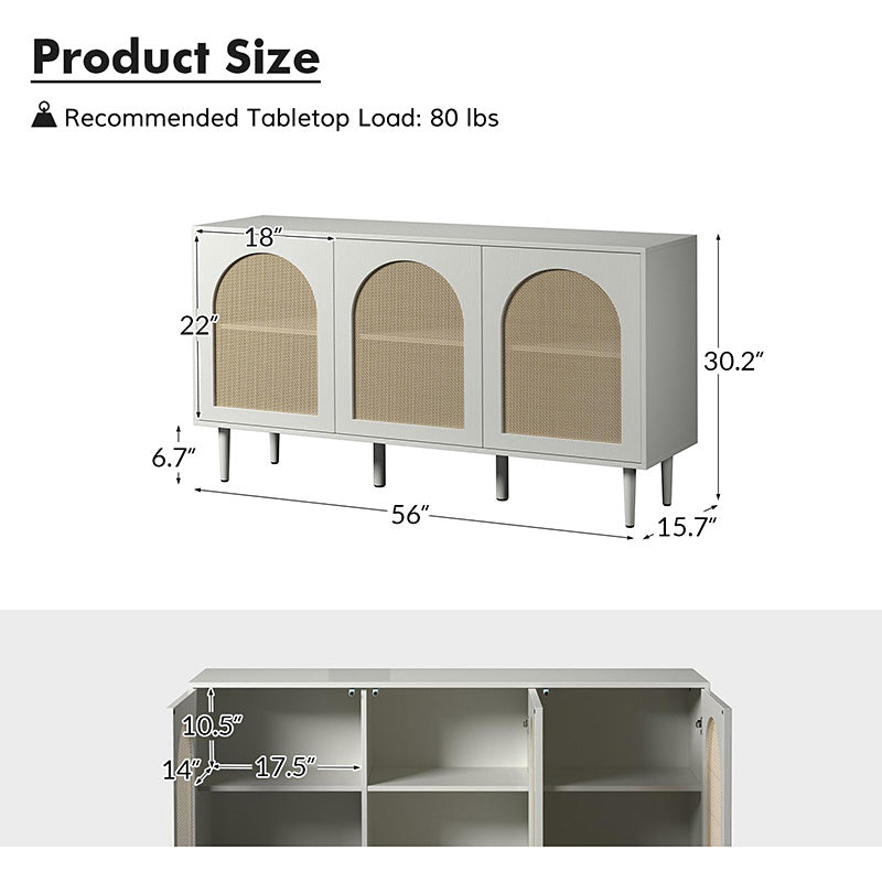 Buffet 3 portes en rotin de 142 cm avec étagères réglables et pieds en bois massif | Noir / Chêne / Noyer / Blanc | Simple