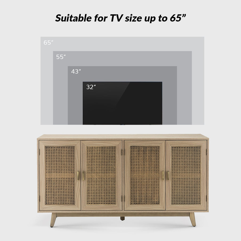 Meuble TV de 65 po avec 4 portes en rotin, 2 étagères intérieures et pieds en bois massif | Noyer / Noir / Chêne | Simple
