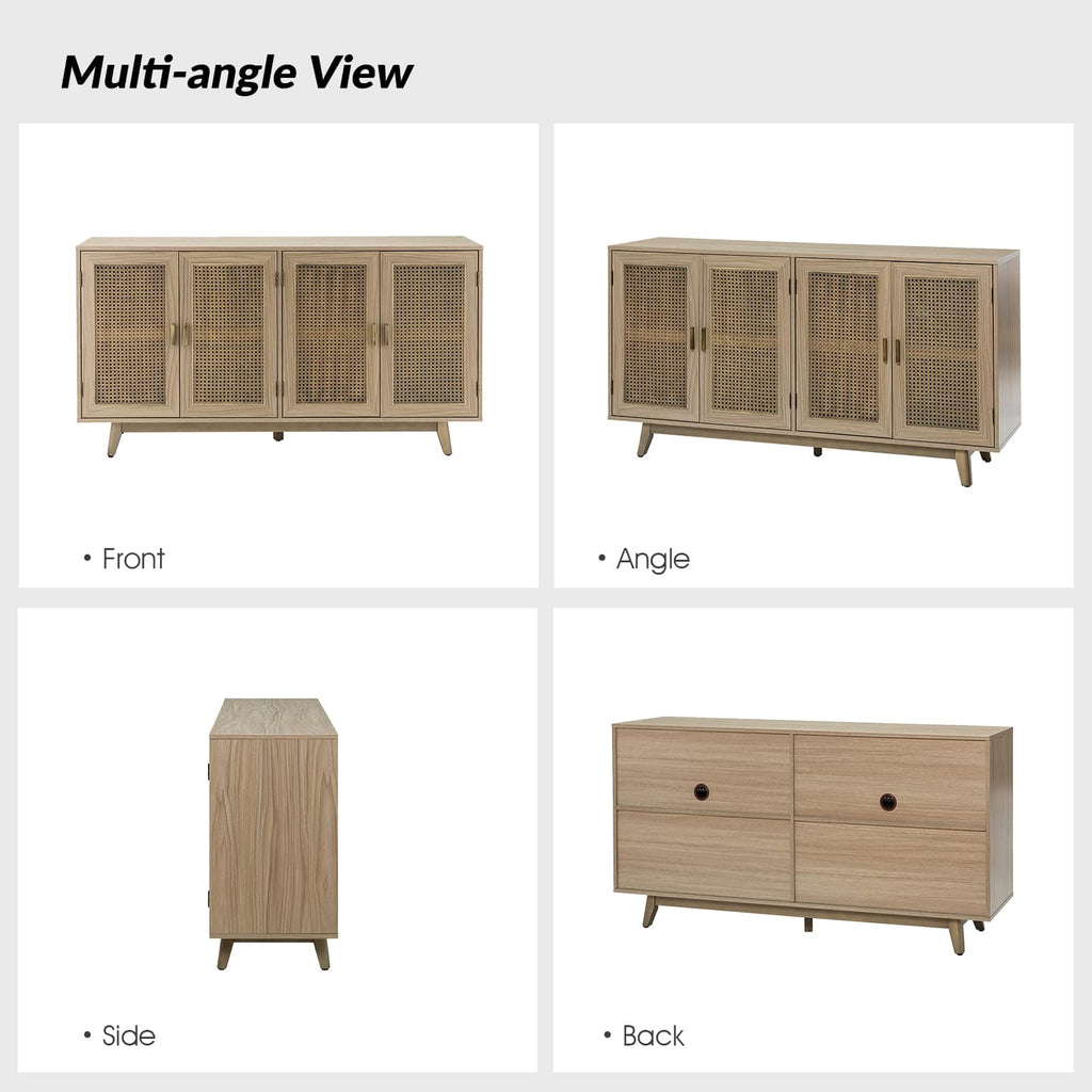 Meuble TV de 65 po avec 4 portes en rotin, 2 étagères intérieures et pieds en bois massif | Noyer / Noir / Chêne | Simple