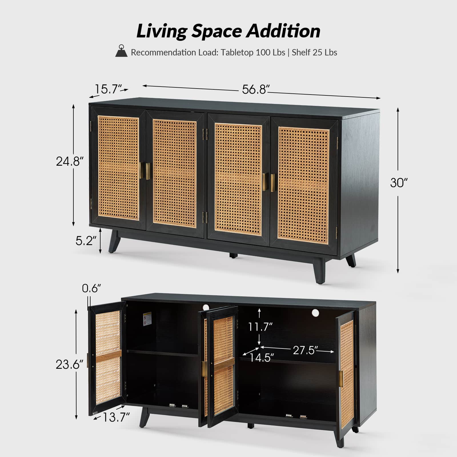 Meuble TV de 65 po avec 4 portes en rotin, 2 étagères intérieures et pieds en bois massif | Noyer / Noir / Chêne | Simple