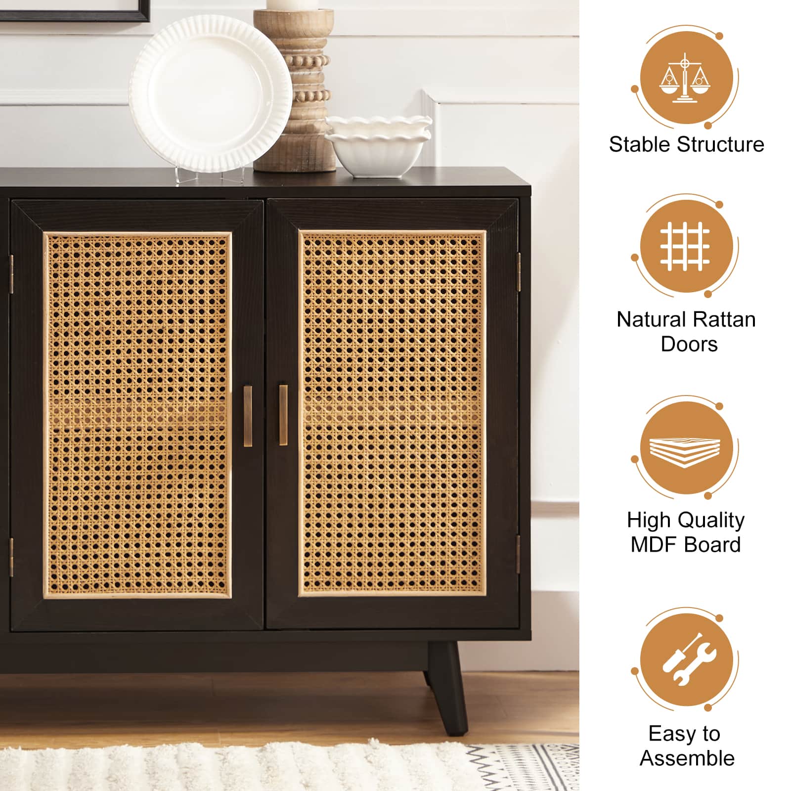 Meuble TV de 65 po avec 4 portes en rotin, 2 étagères intérieures et pieds en bois massif | Noyer / Noir / Chêne | Simple