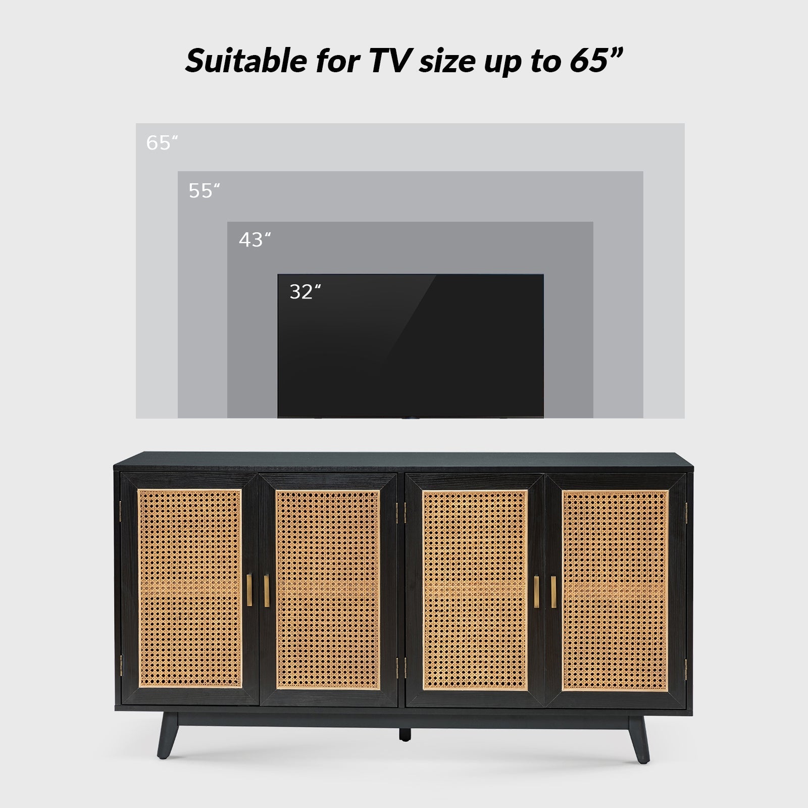 Meuble TV de 65 po avec 4 portes en rotin, 2 étagères intérieures et pieds en bois massif | Noyer / Noir / Chêne | Simple