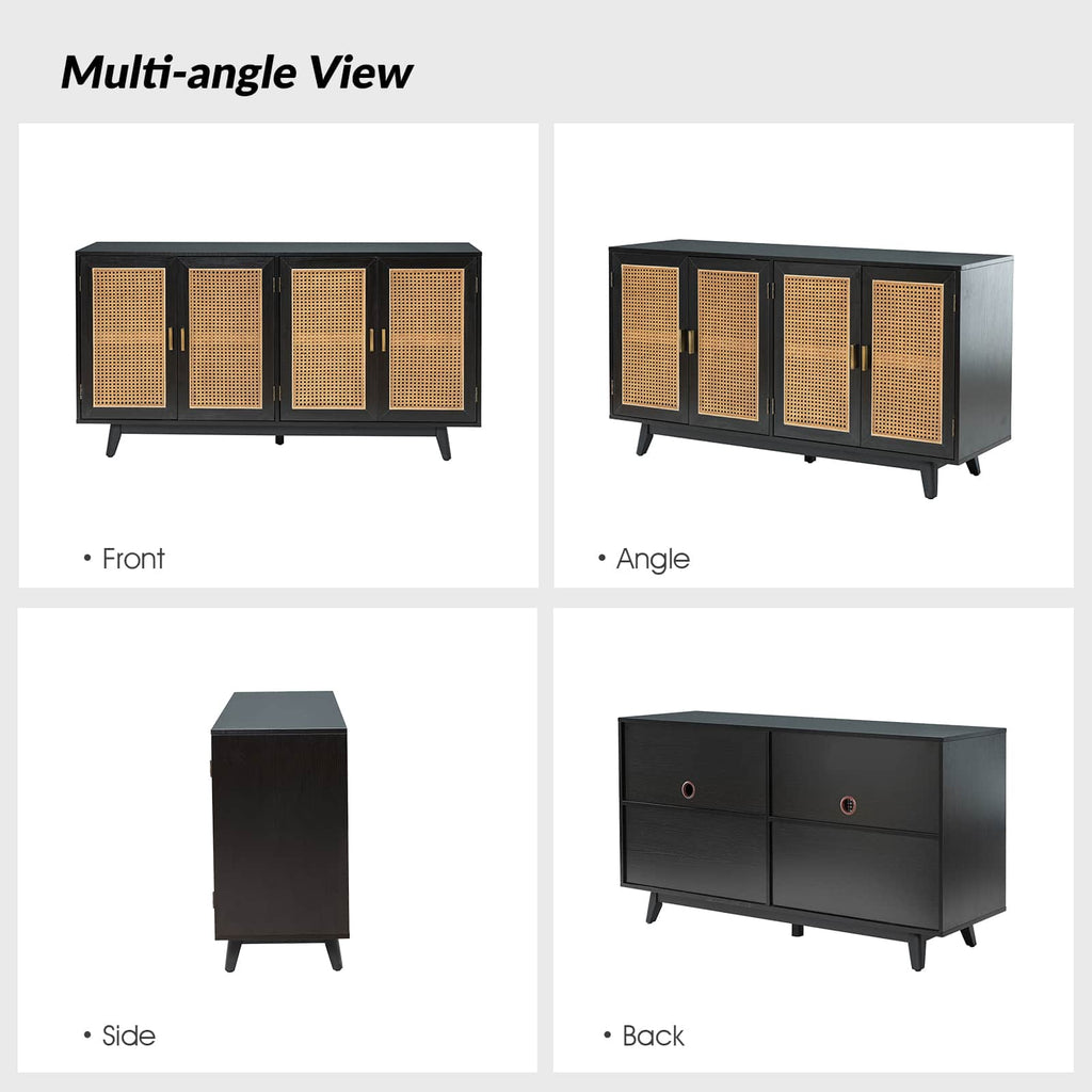 Meuble TV de 65 po avec 4 portes en rotin, 2 étagères intérieures et pieds en bois massif | Noyer / Noir / Chêne | Simple